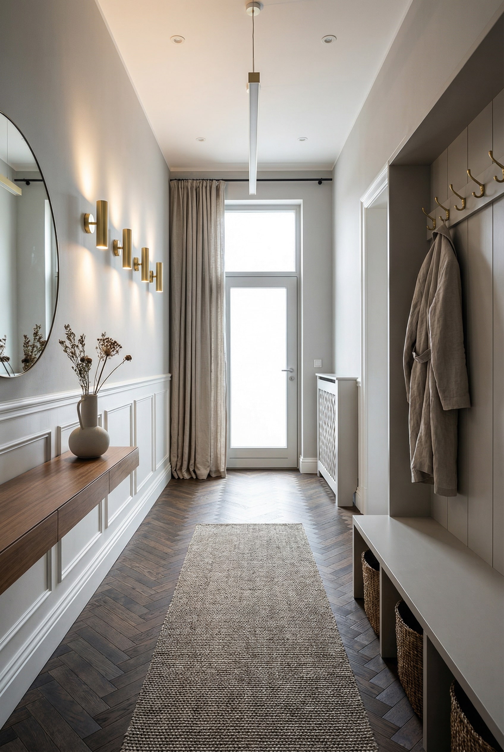Accent Neutral Hallway Walls with Soft Floor Length Drapes