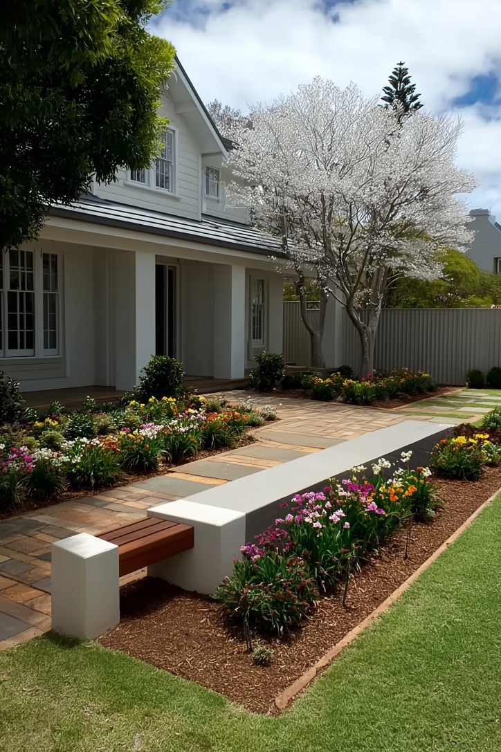 Add a Contemporary Bench for Inviting Flower Bed Seating