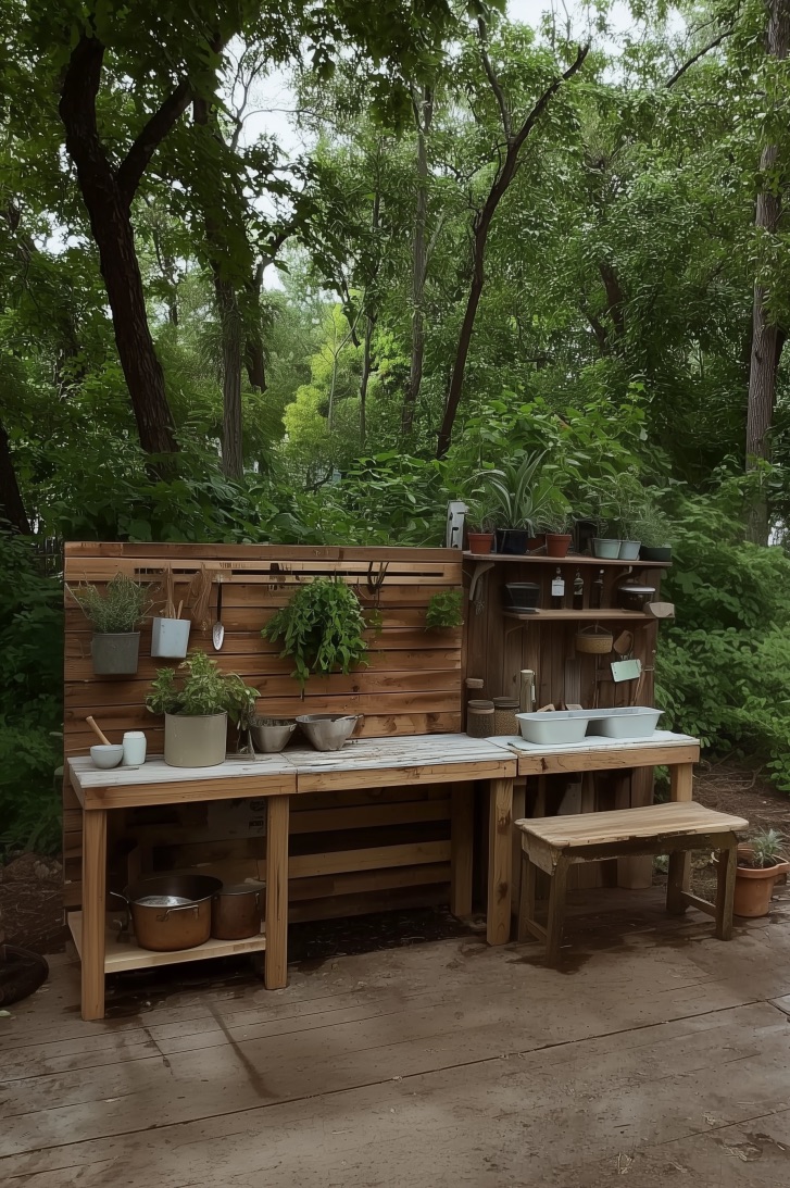 Add a Wooden Bench for Comfortable Toddlers Kitchen Play