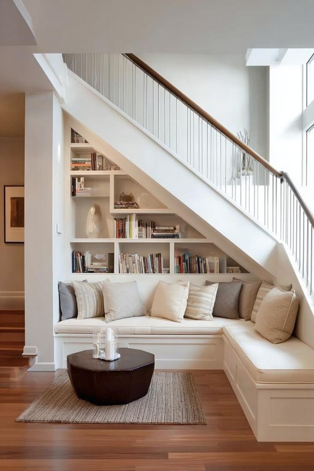 Add Built in Bookshelves to Customize Storage Under Stairs