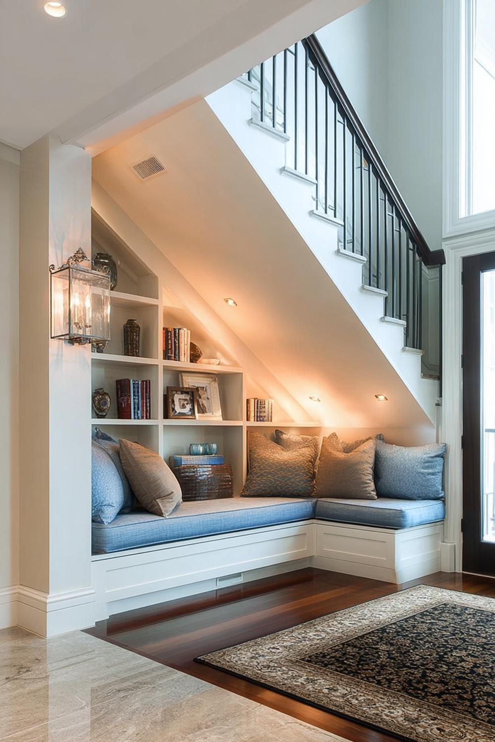 Add Built in Bookshelves to Maximize Storage Under Stairs