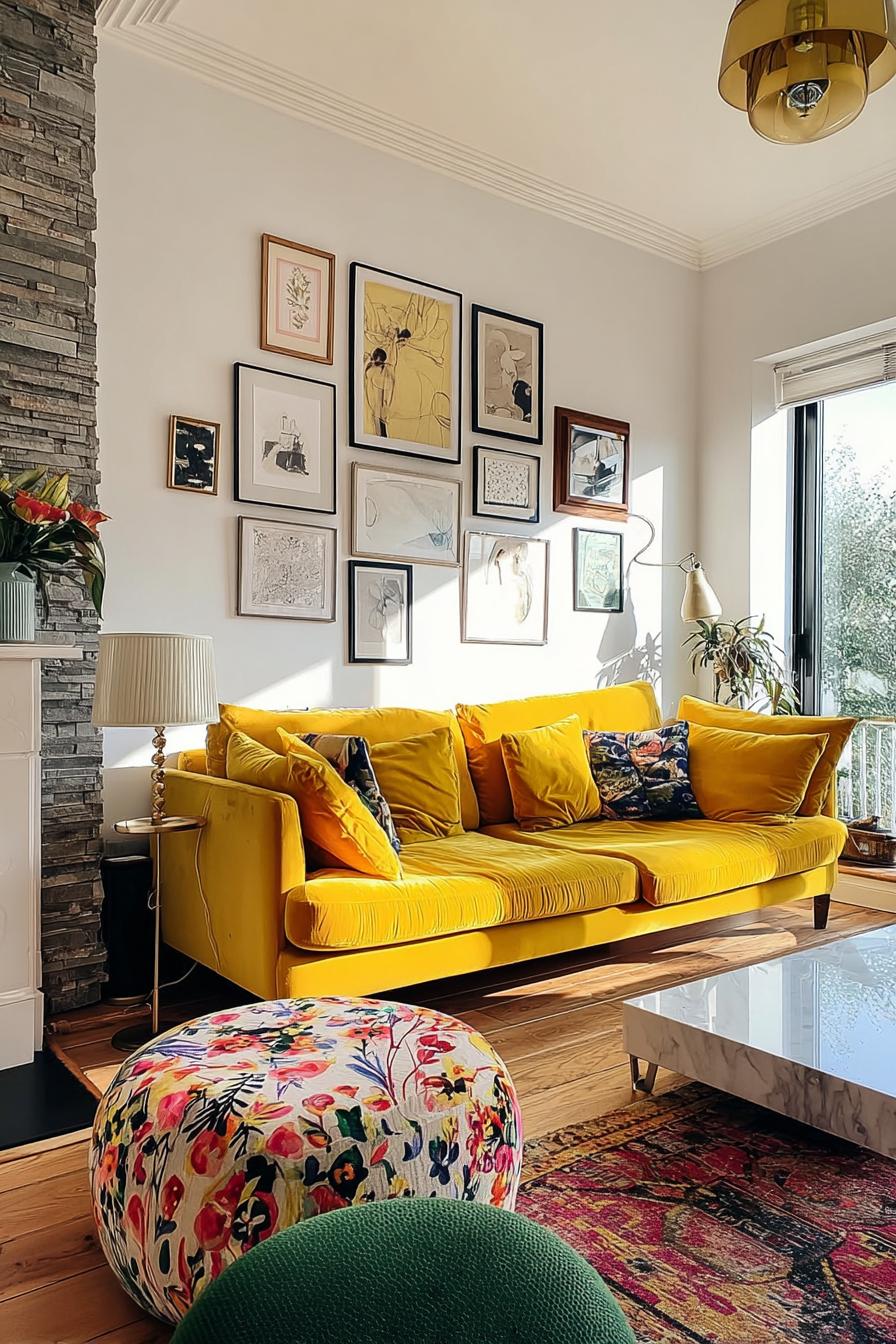 Add Floral Pouf to Contrast Yellow Couch in Colorful Living Room