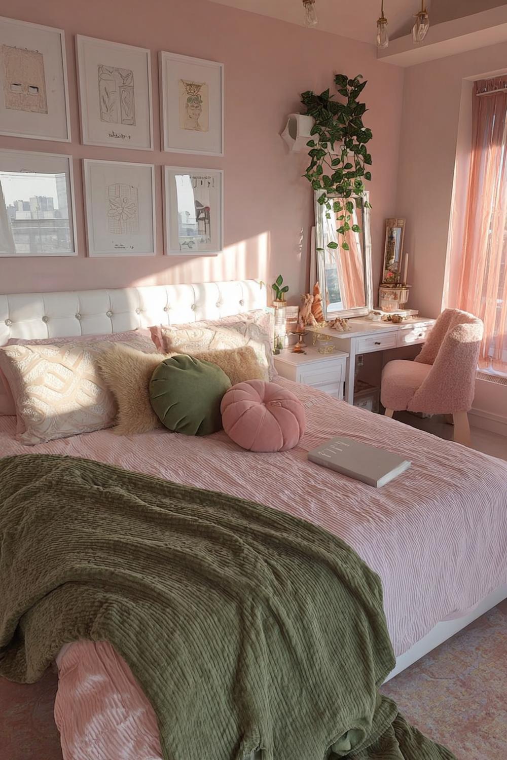 Add Plush Round Pillows For Cute Pink and Green Contrast