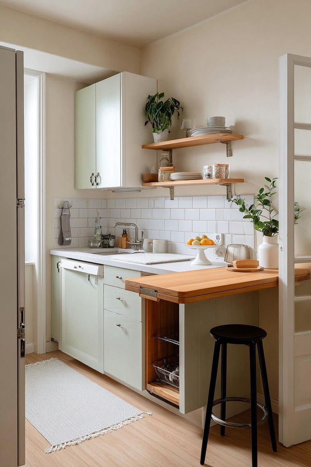 Add Practicality with Fold Down Wooden Counter in Mini Kitchen