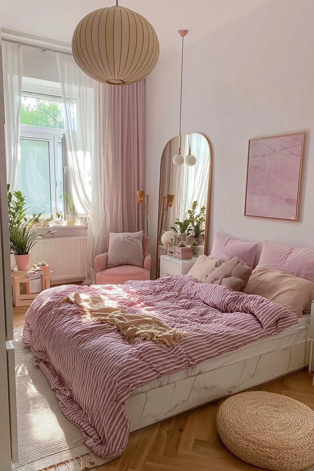 Add Sheer Curtains to Enhance Cozy Pink Grey Ambiance
