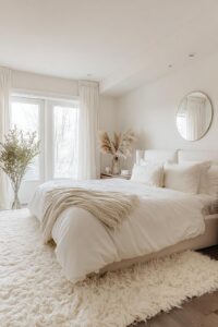 Anchor a Crisp White Bedroom with a Large Round Mirror