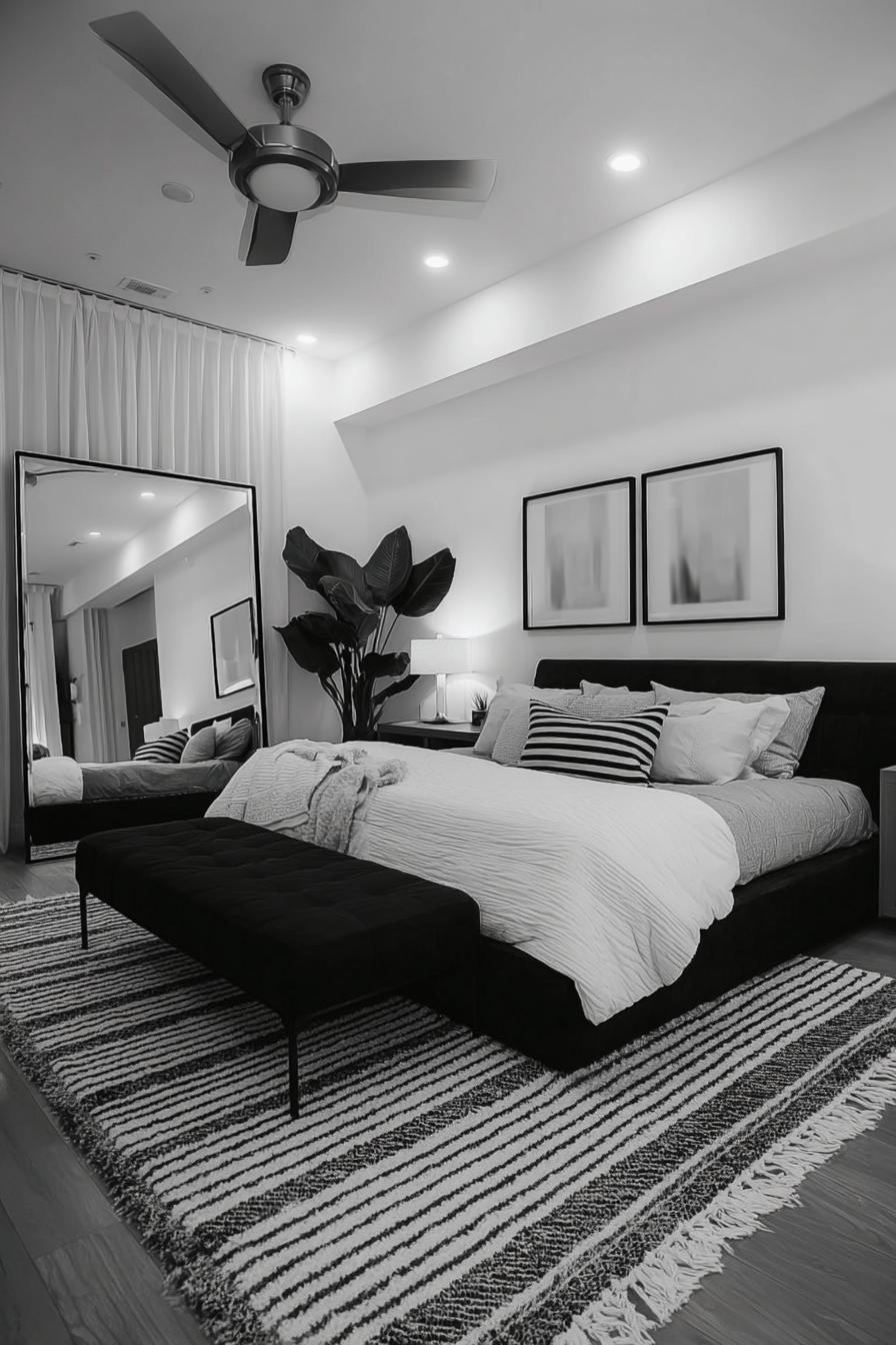 Anchor the Bed with a Striped Rug For Dynamic Decor