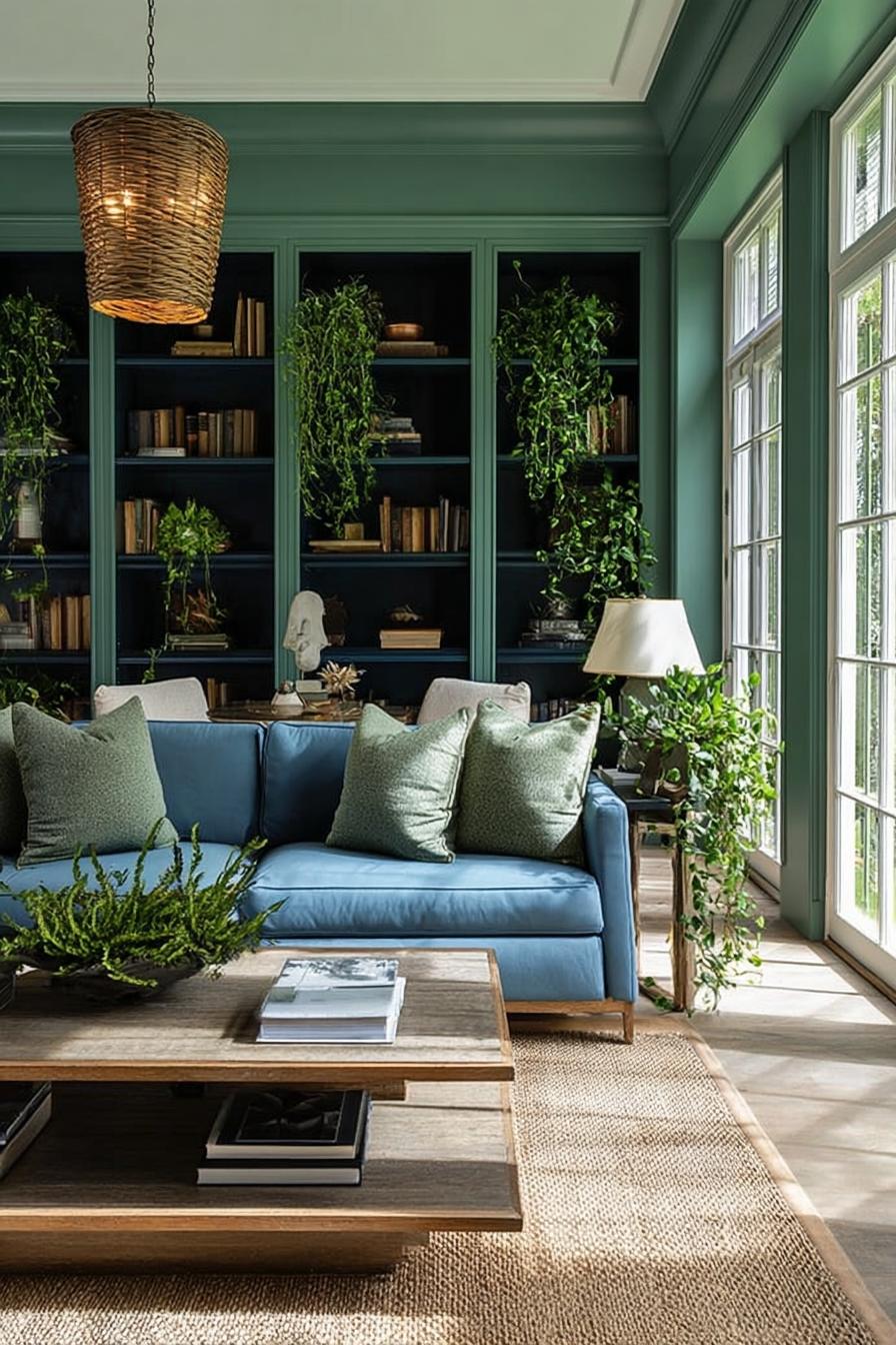 Anchor the Space with Bold Black and Green Built in Shelving
