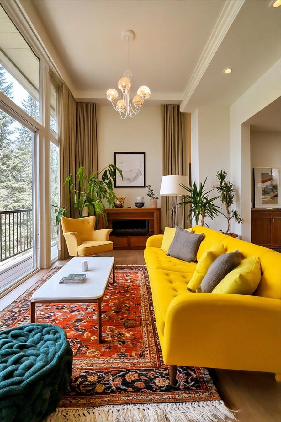 Anchor Yellow Couch with a Vibrant Persian Rug For Colorful Charm
