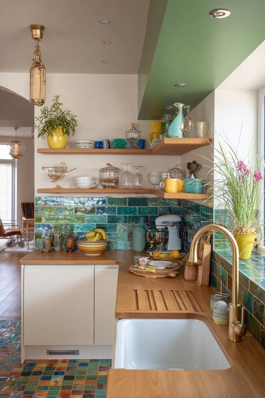 Arrange Open Shelving with Colorful Dishes For Small Spaces