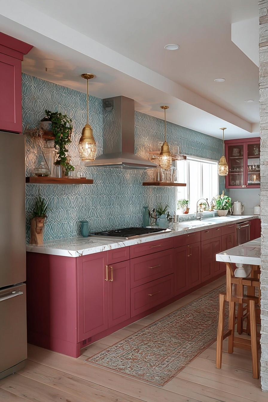Balance Bold Cabinetry with Subtle Grey Patterned Wallpaper