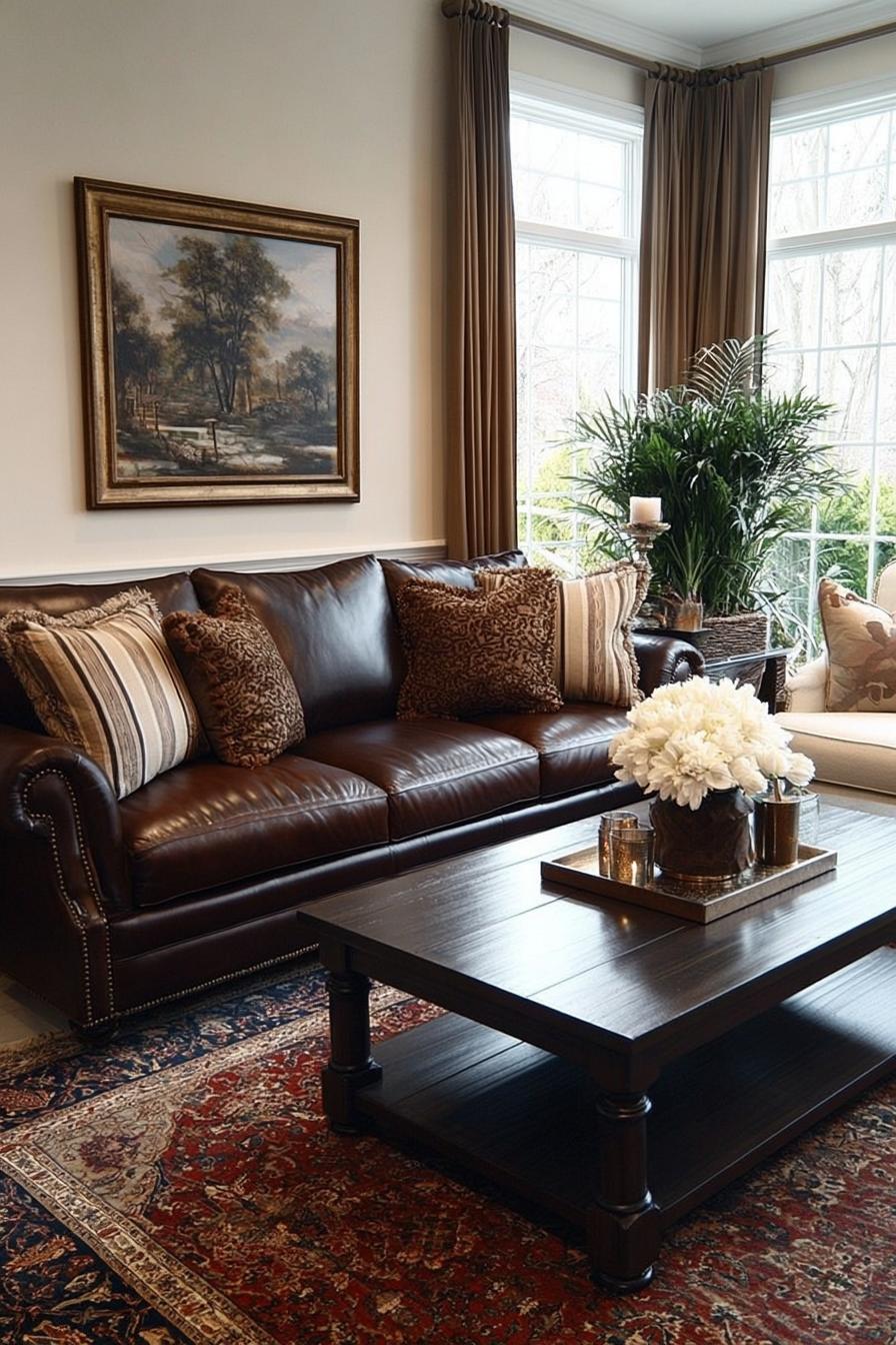 Balance Dark Leather Sofa with a Vibrant Patterned Rug For Western Flair