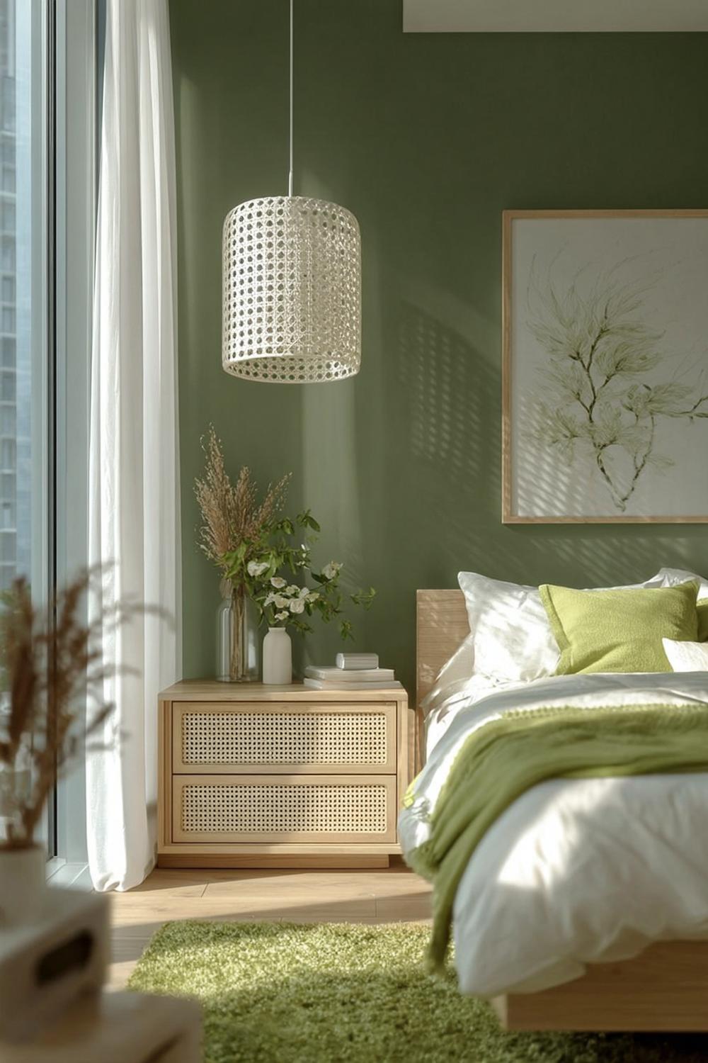 Balance Green Walls with Natural Wood Furniture For Warmth