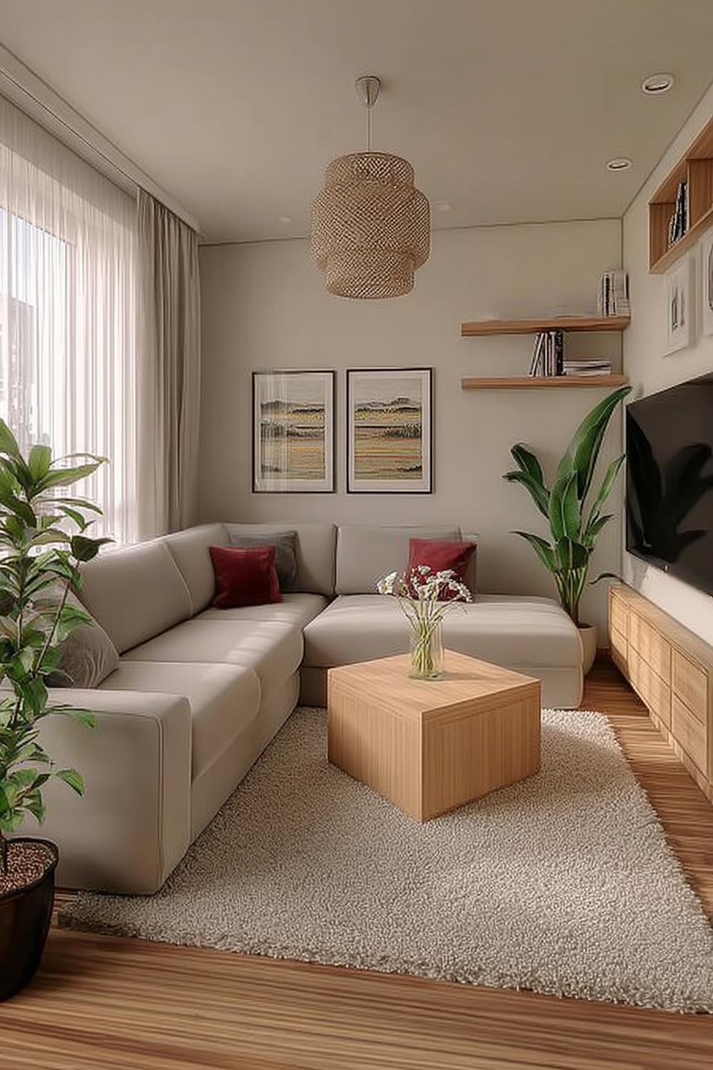 Balance Neutral Tones with Bold Accent Pillows in a Very Cozy Living Room