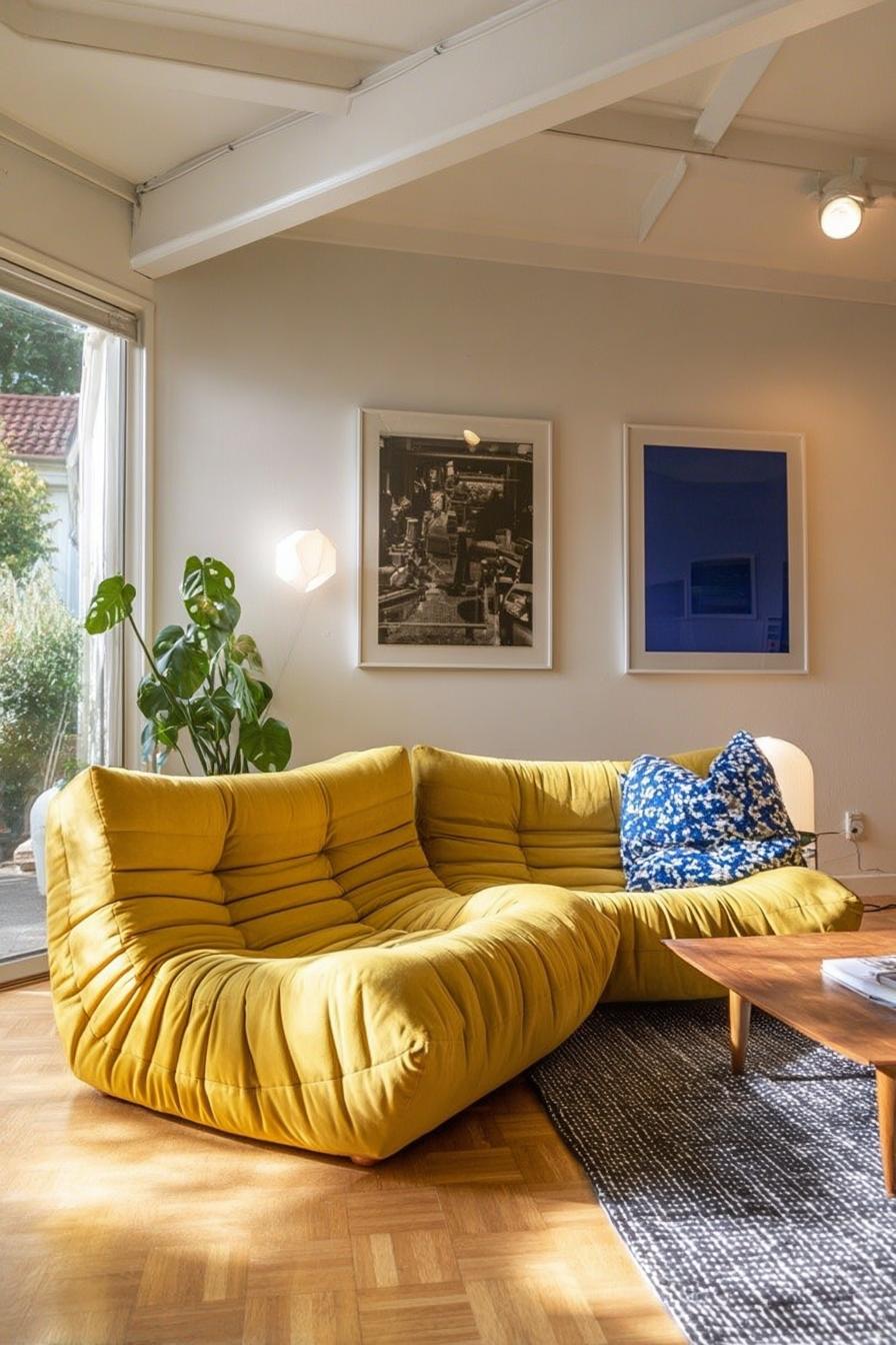 Balance Vibrant Yellow Couch with Blue Floral Pillows For Colorful Vibe