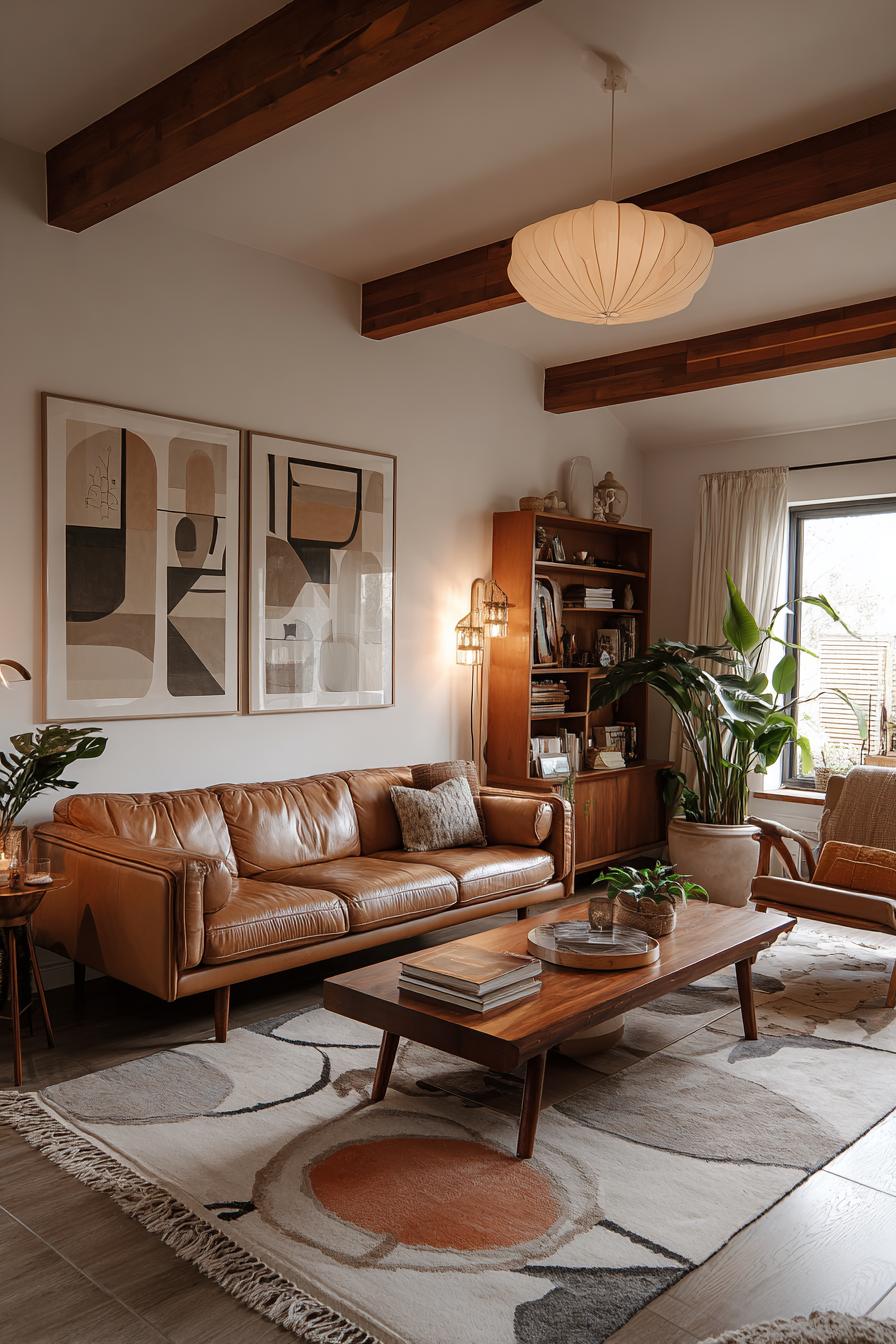 Balance Vintage Leather Sofa with Mid Century Modern Wooden Coffee Table Design