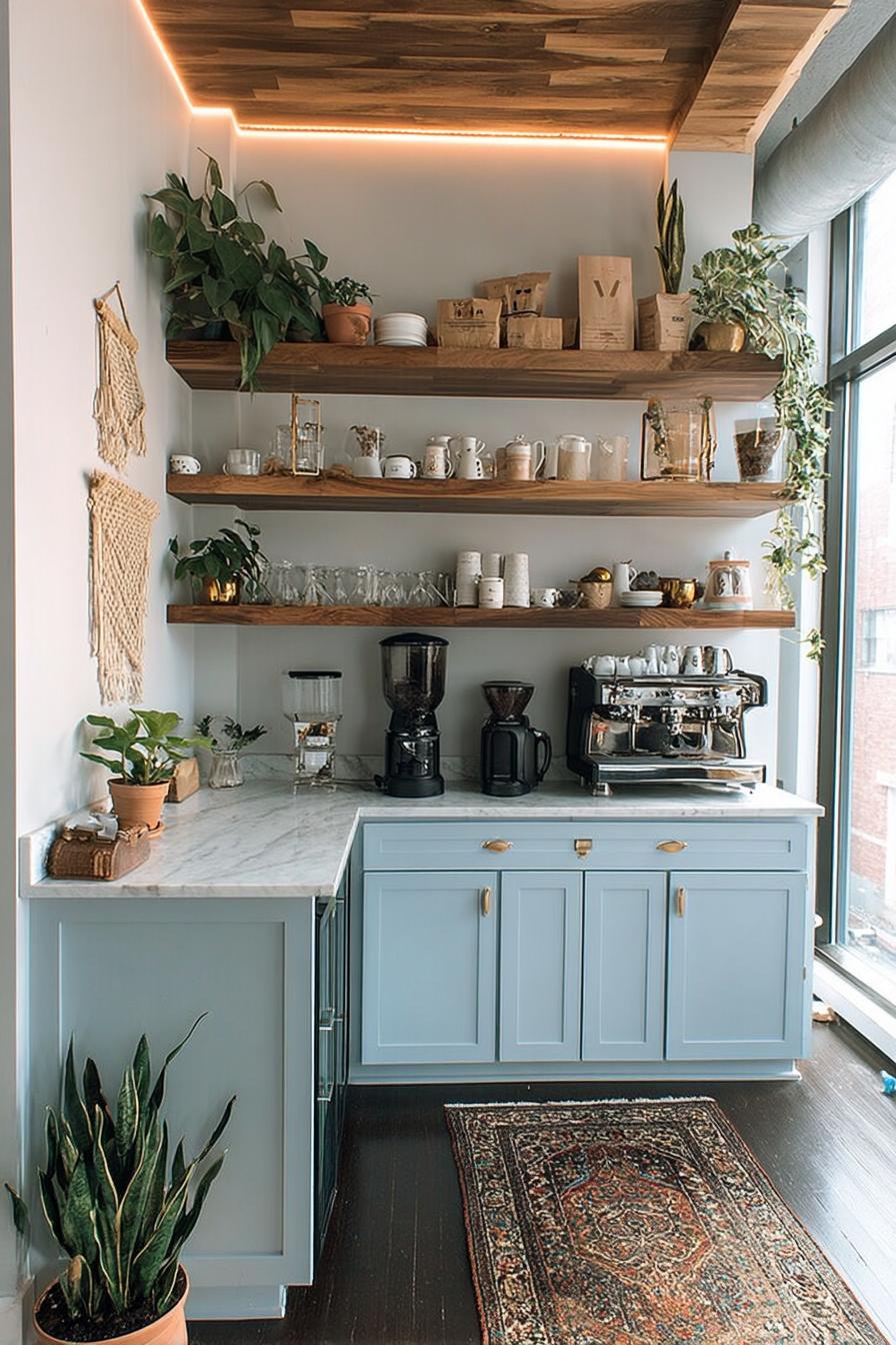Choose Light Blue Cabinetry For a Calm Coffee Bar Atmosphere
