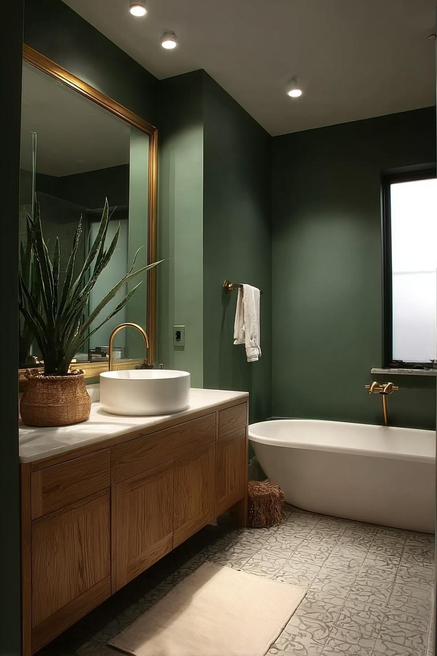 Choose Matte Brass Fixtures to Complement Olive Bathroom Paint