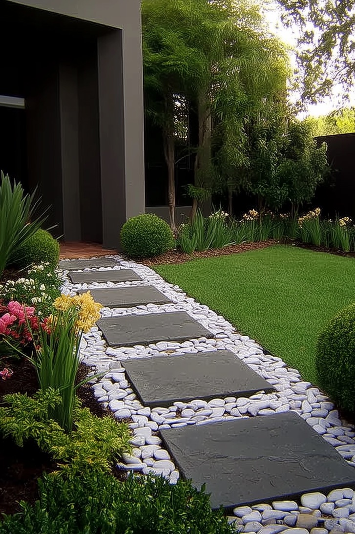 Cluster Sculpted Boxwoods for Elegant Modern Path Framing