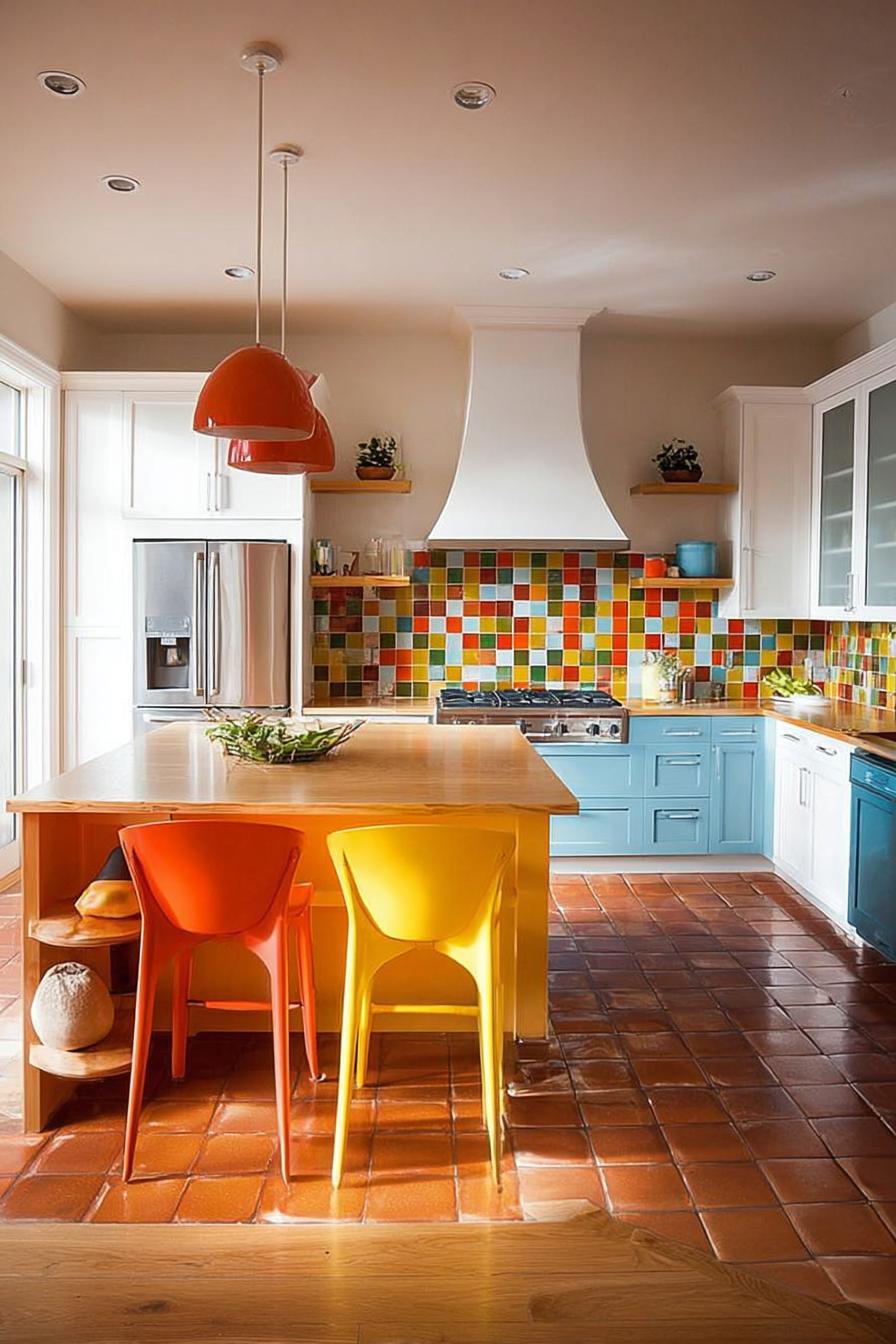 Combine Blue Lower Cabinets with Terracotta Tile Flooring