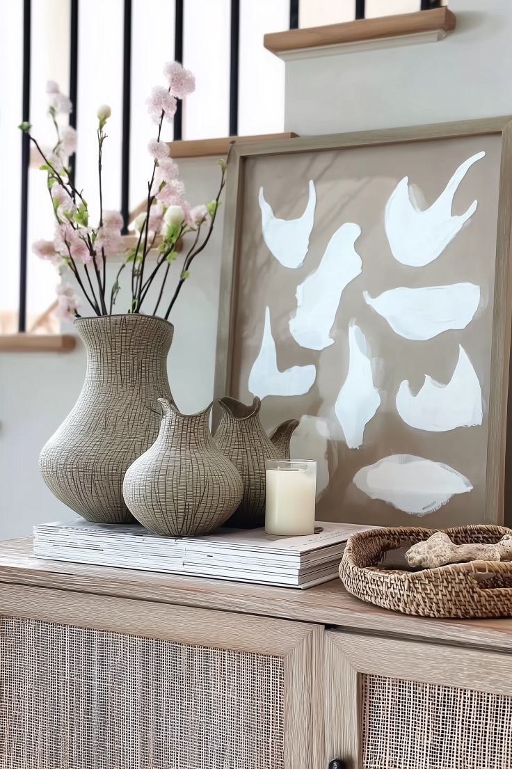 Combine Stacked Books with Decorative Vases for Effortless Living Room Style