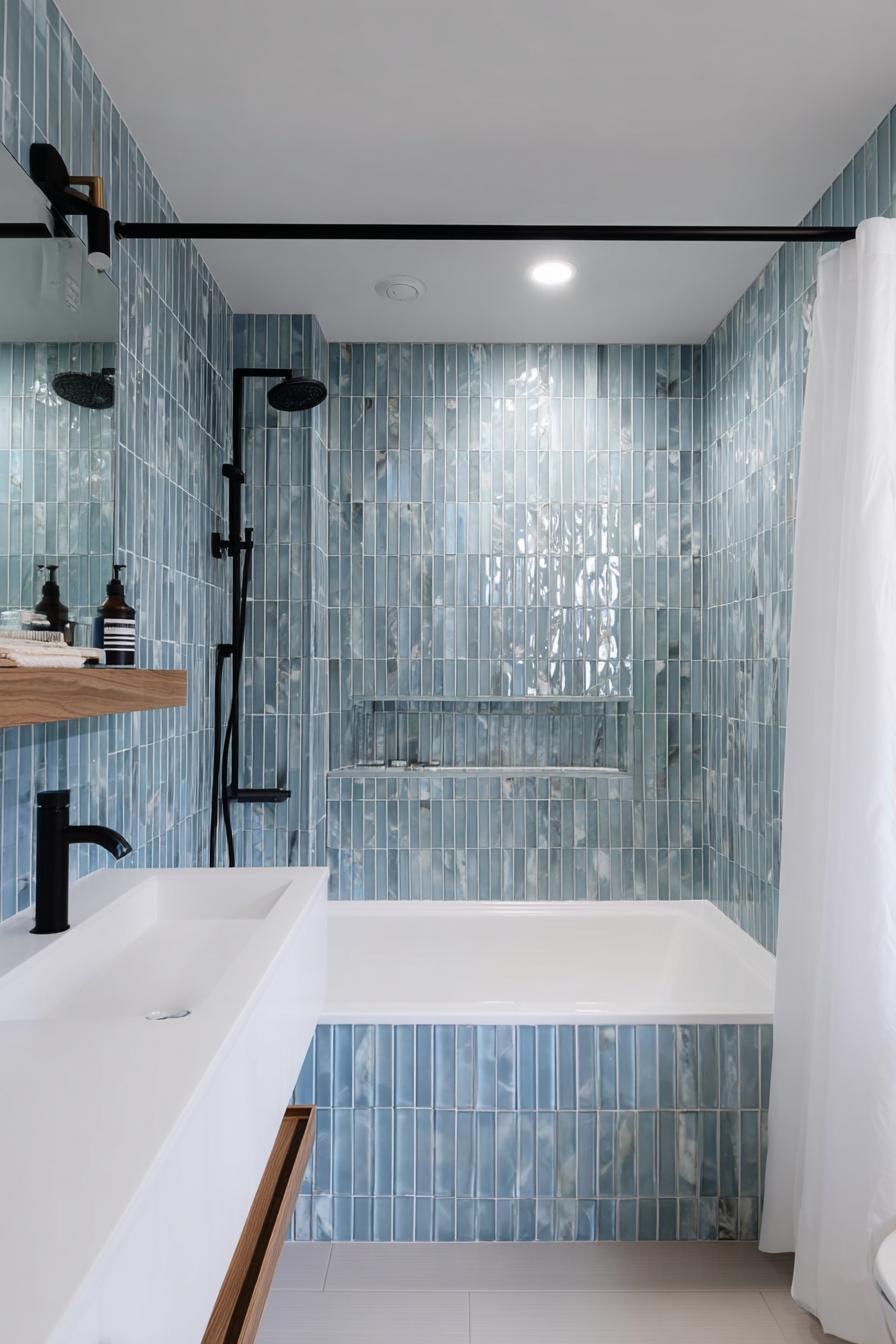 Contrast Black Shower Fixtures with Pale Blue Vertical Tile