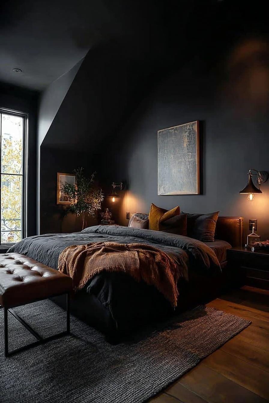 Contrast Charcoal Walls with Warm Brown Furniture