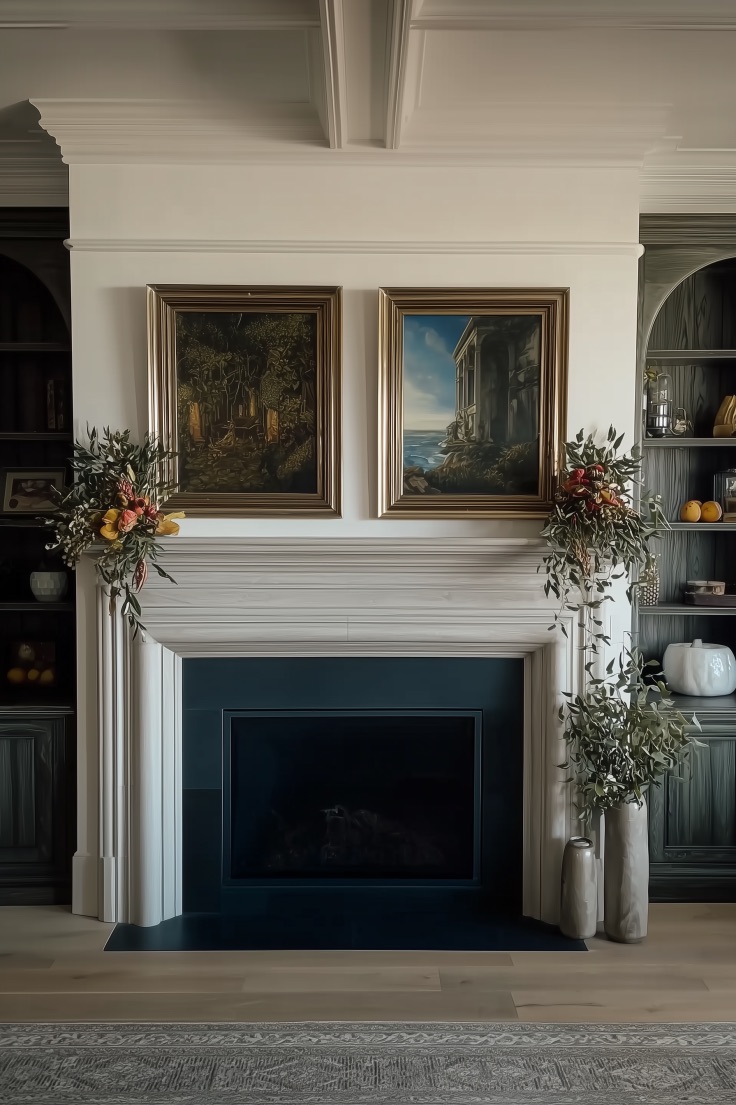 Contrast Dark Built in Shelving with Light Mantle for Modern Ideas