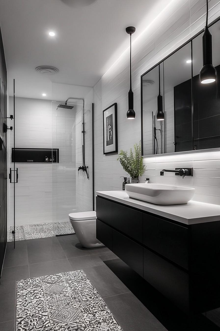 Contrast Minimalist Fixtures Against Patterned Grey Floor