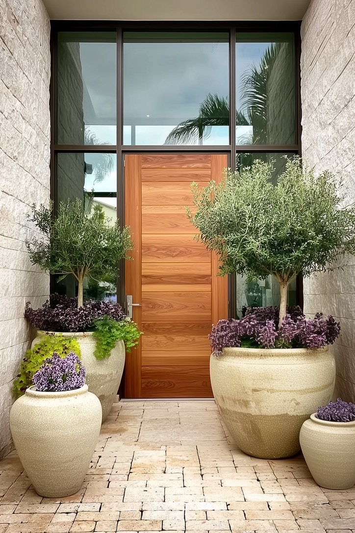 Contrast Rustic Stone Walls with Smooth Ceramic Planters