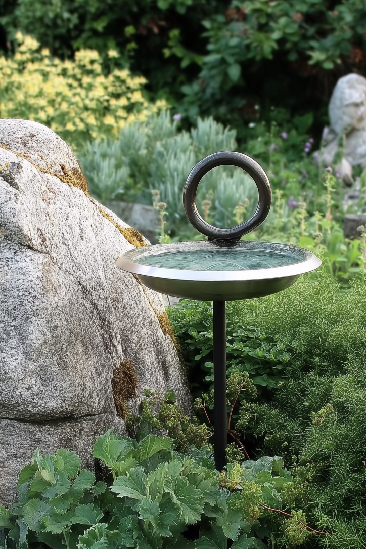 Contrast Sleek Metal Bird Baths Against Natural Granite for Modern Landscaping