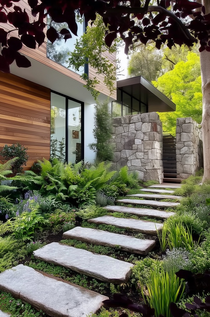 Contrast Sleek Windows with Natural Stone Walls for Modern Interest