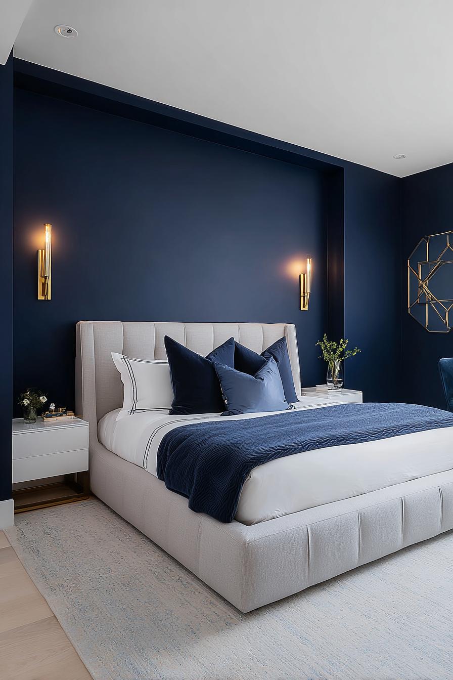 Contrast Soft Upholstered Bed with Vibrant Blue Bed Linens
