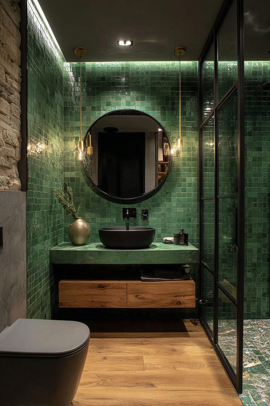 Contrast Warm Wood Cabinets with Dark Green Tile Designs