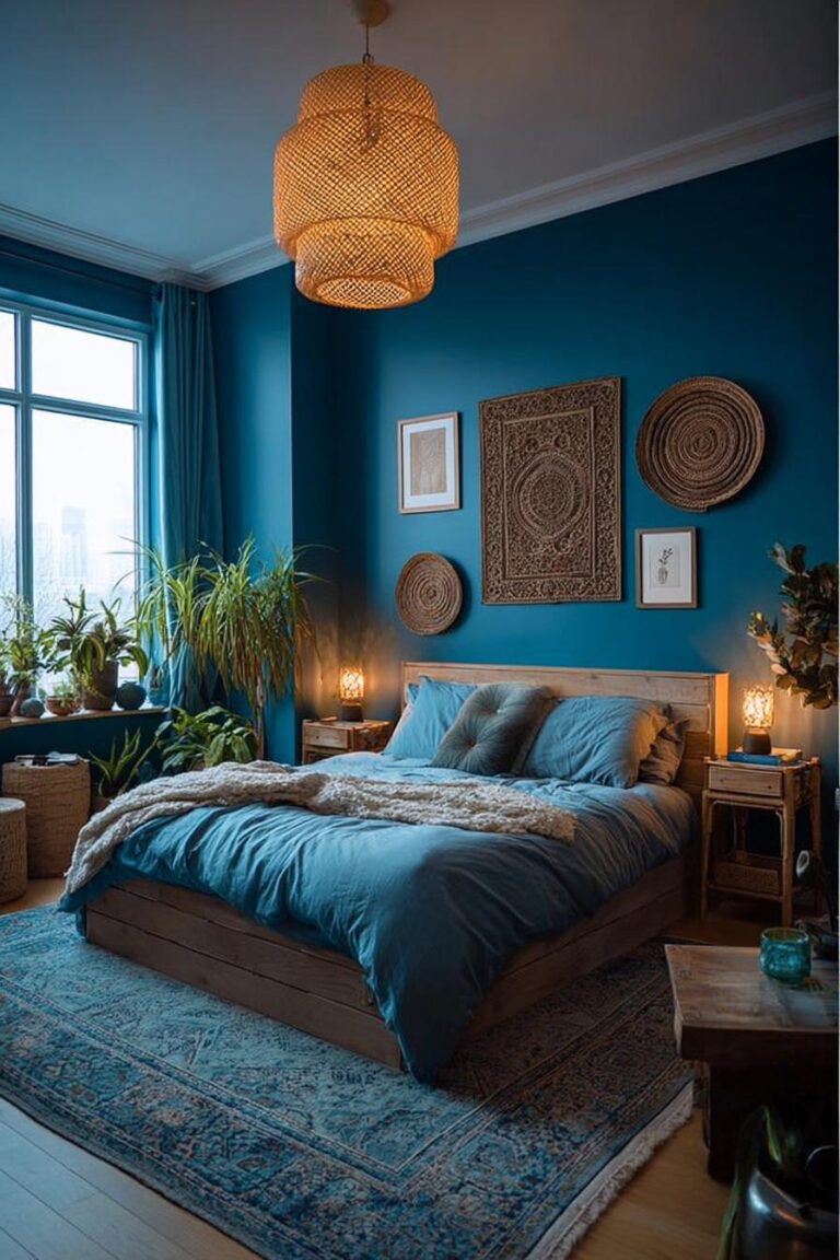 Contrast Woven Wall Baskets with Rich Blue Walls