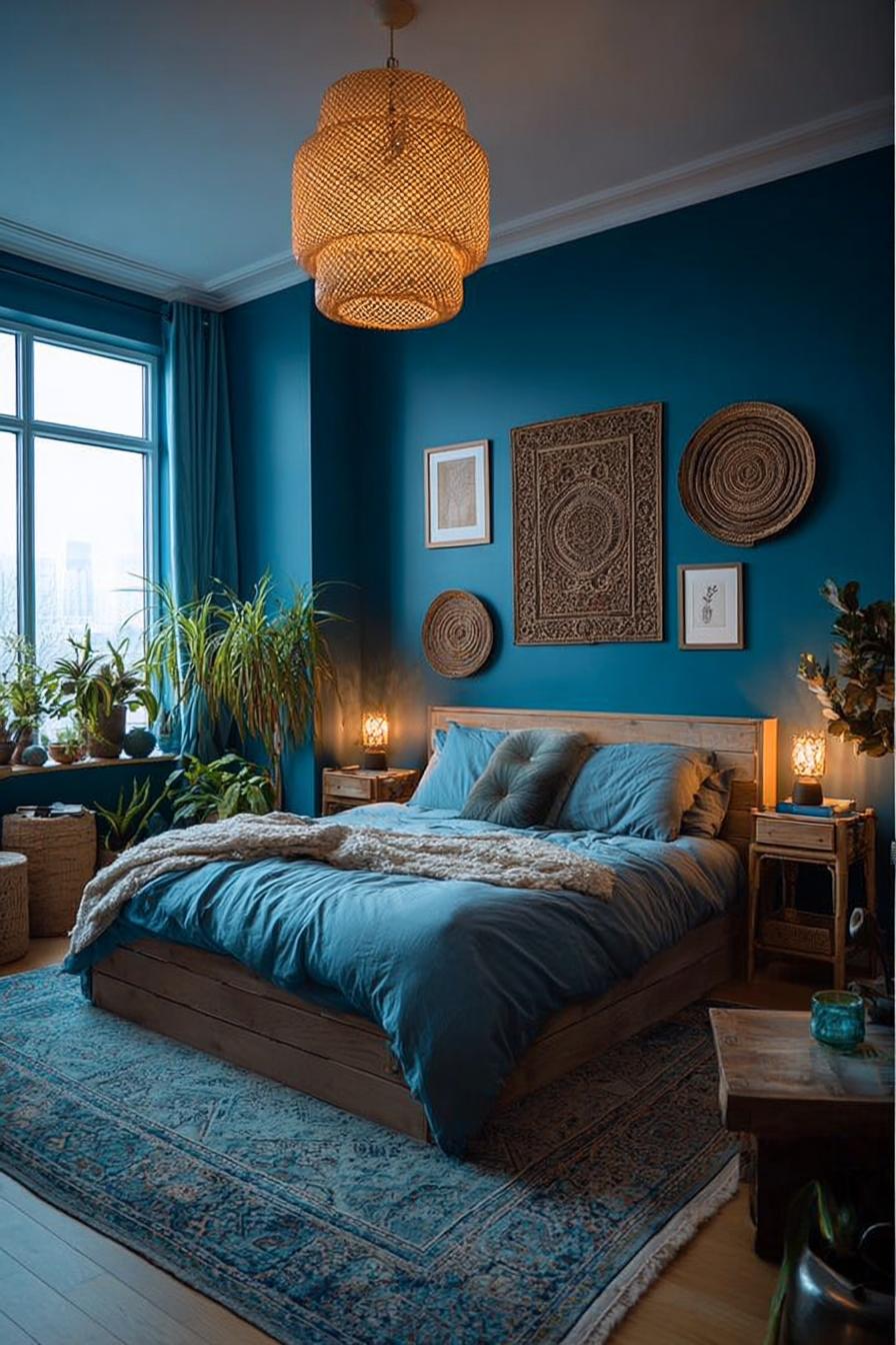 Contrast Woven Wall Baskets with Rich Blue Walls