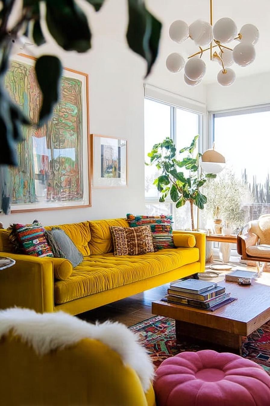 Create Contrast Using Pink Pouf Near Yellow Couch For Colorful Flair