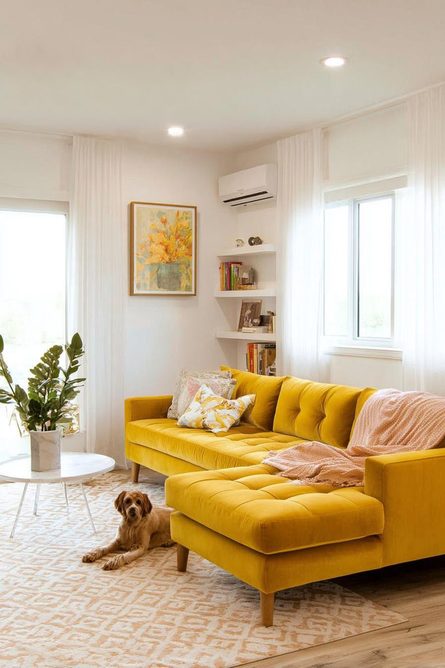 Create Cozy Warmth Using Textured Throws on Yellow Couch For Small Living Room