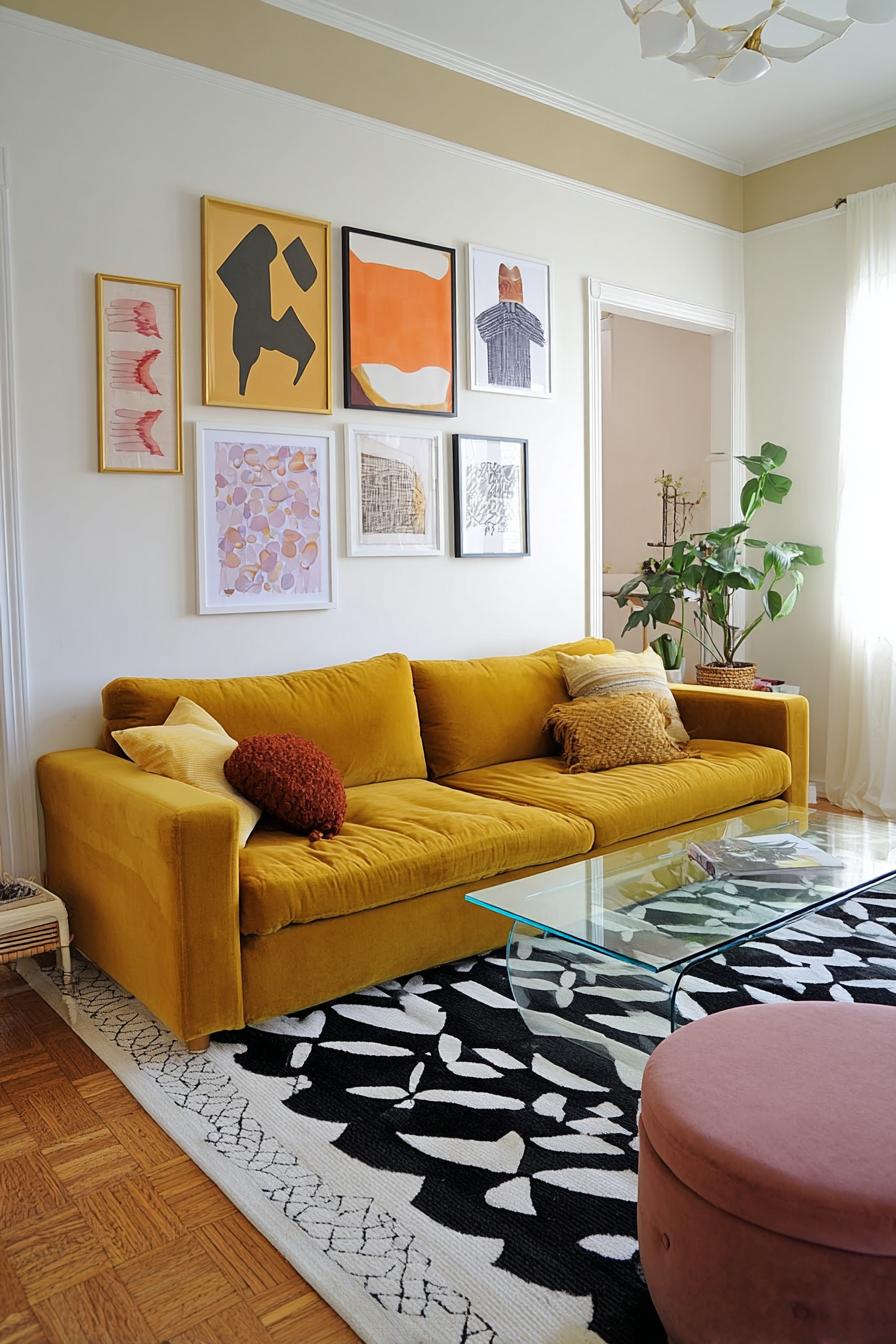 Create Visual Interest Using Abstract Wall Art Above Yellow Couch