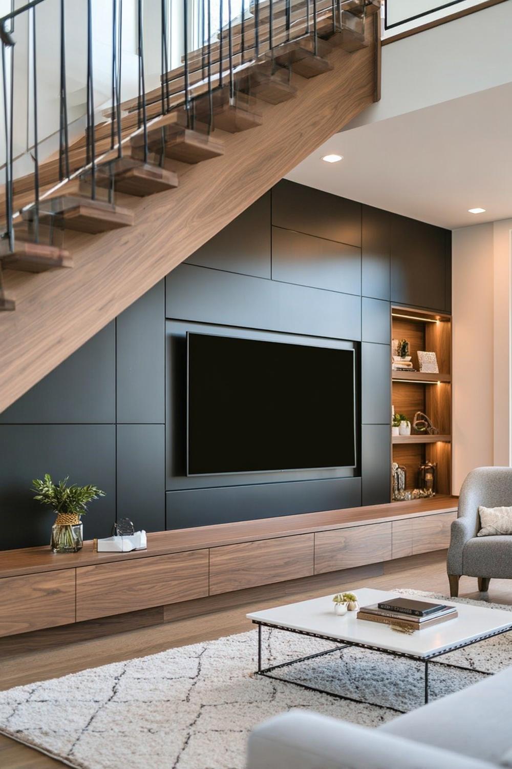 Design a Sleek Black Tv Wall Under the Stairs For Style