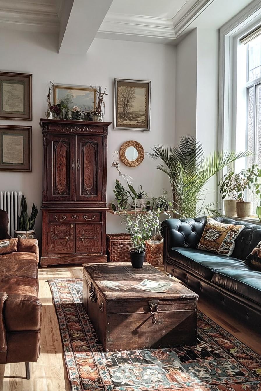 Display Antique Wooden Cabinet to Anchor Vintage Living Room Design