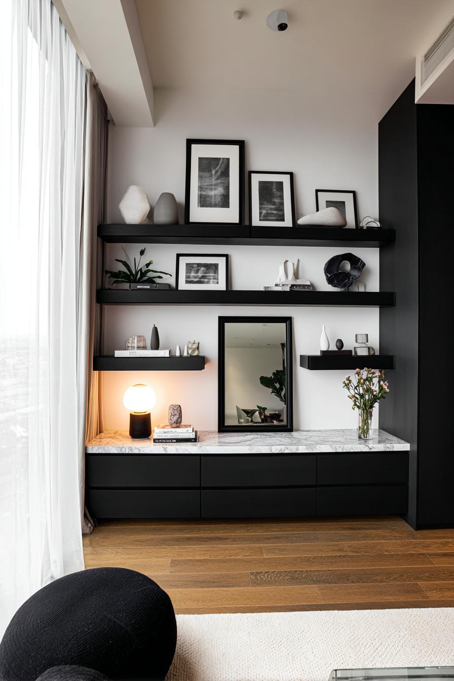 Display Statement Accessories Against a Black Living Room Wall