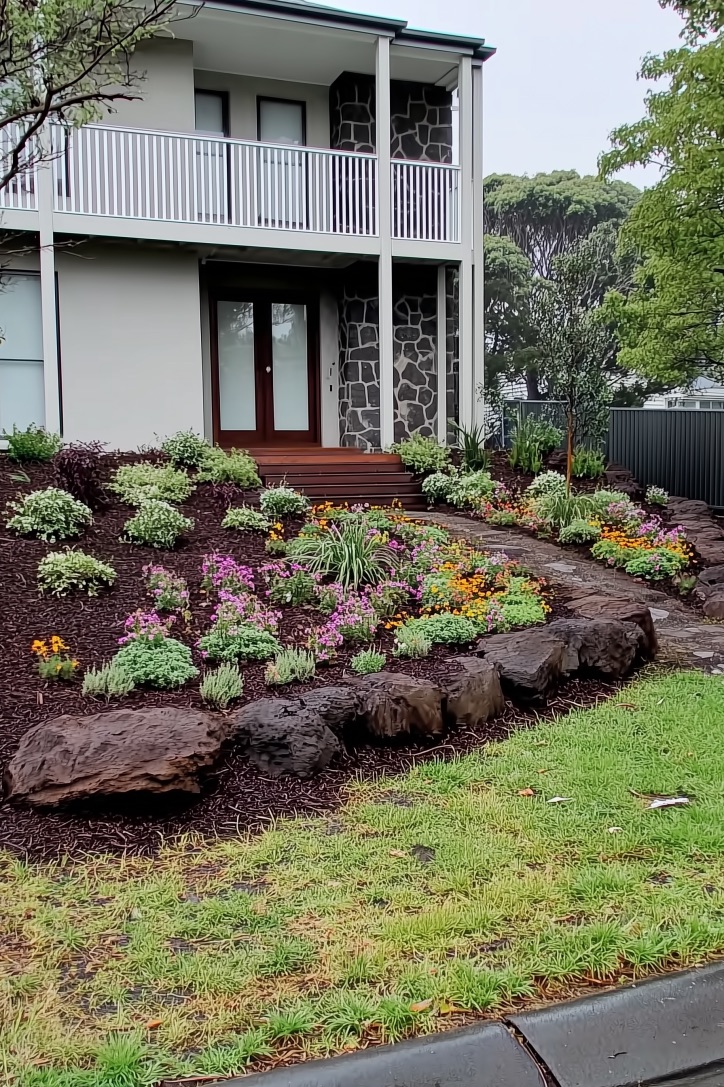 Edge Flower Beds with Large Rocks for Naturalistic Rock Accent