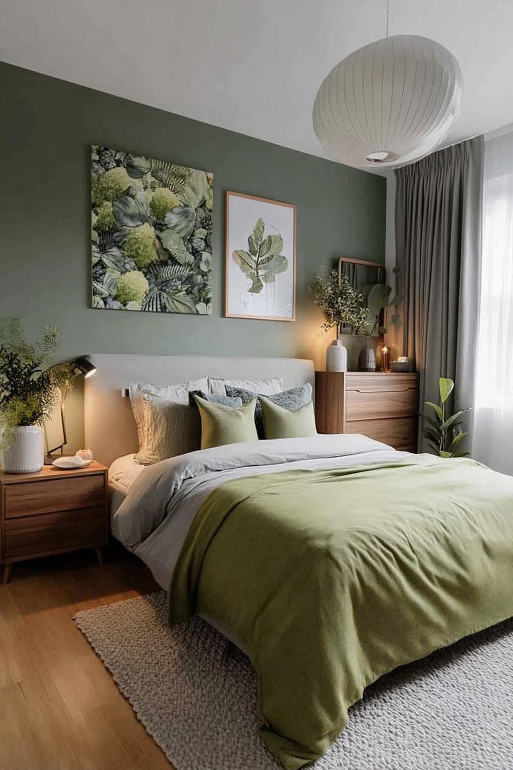 Elevate Small Rooms with Green White Artwork and Bedding