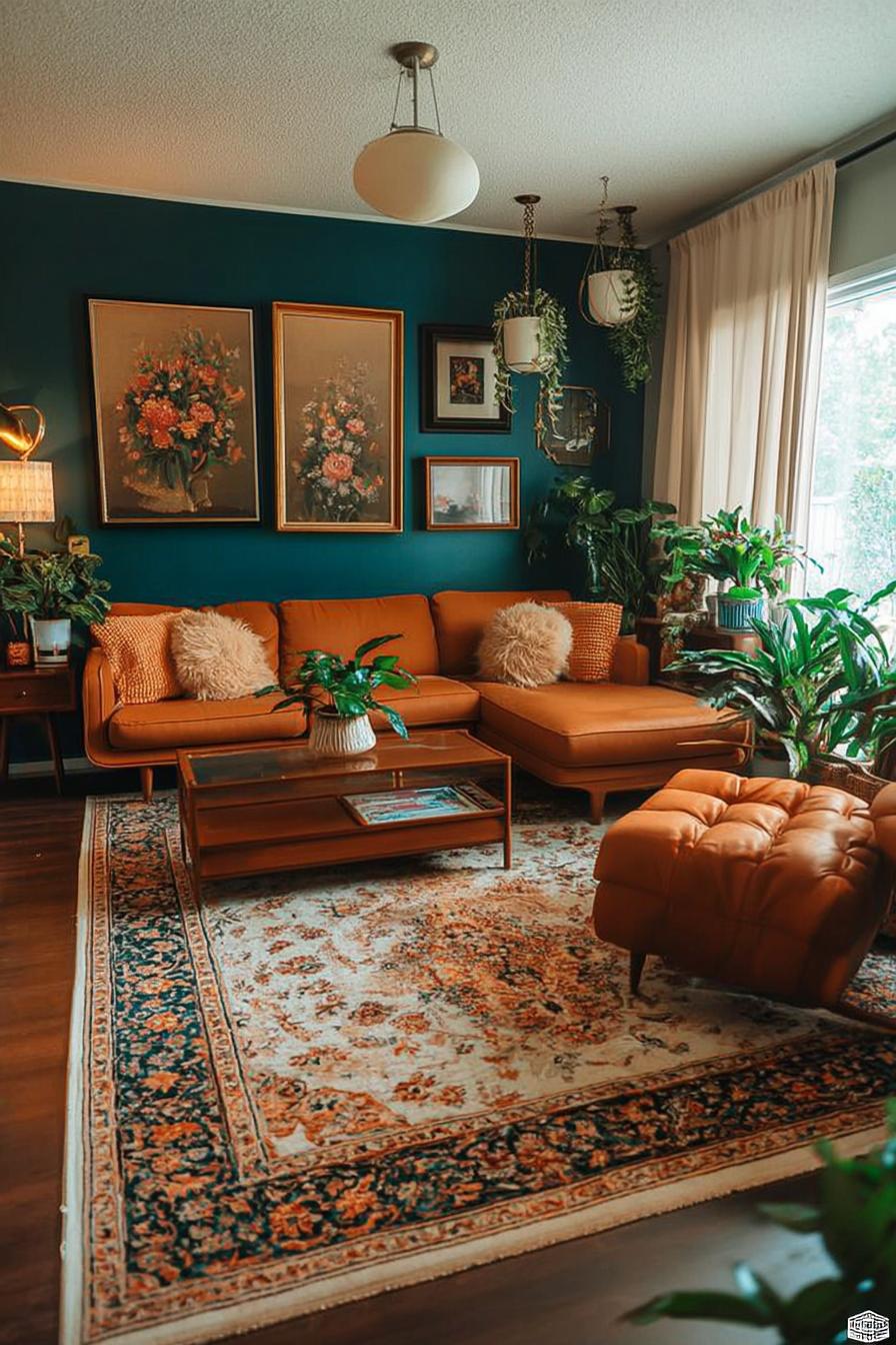 Embrace Deep Teal Walls to Enrich Vintage Cozy Living Room Design