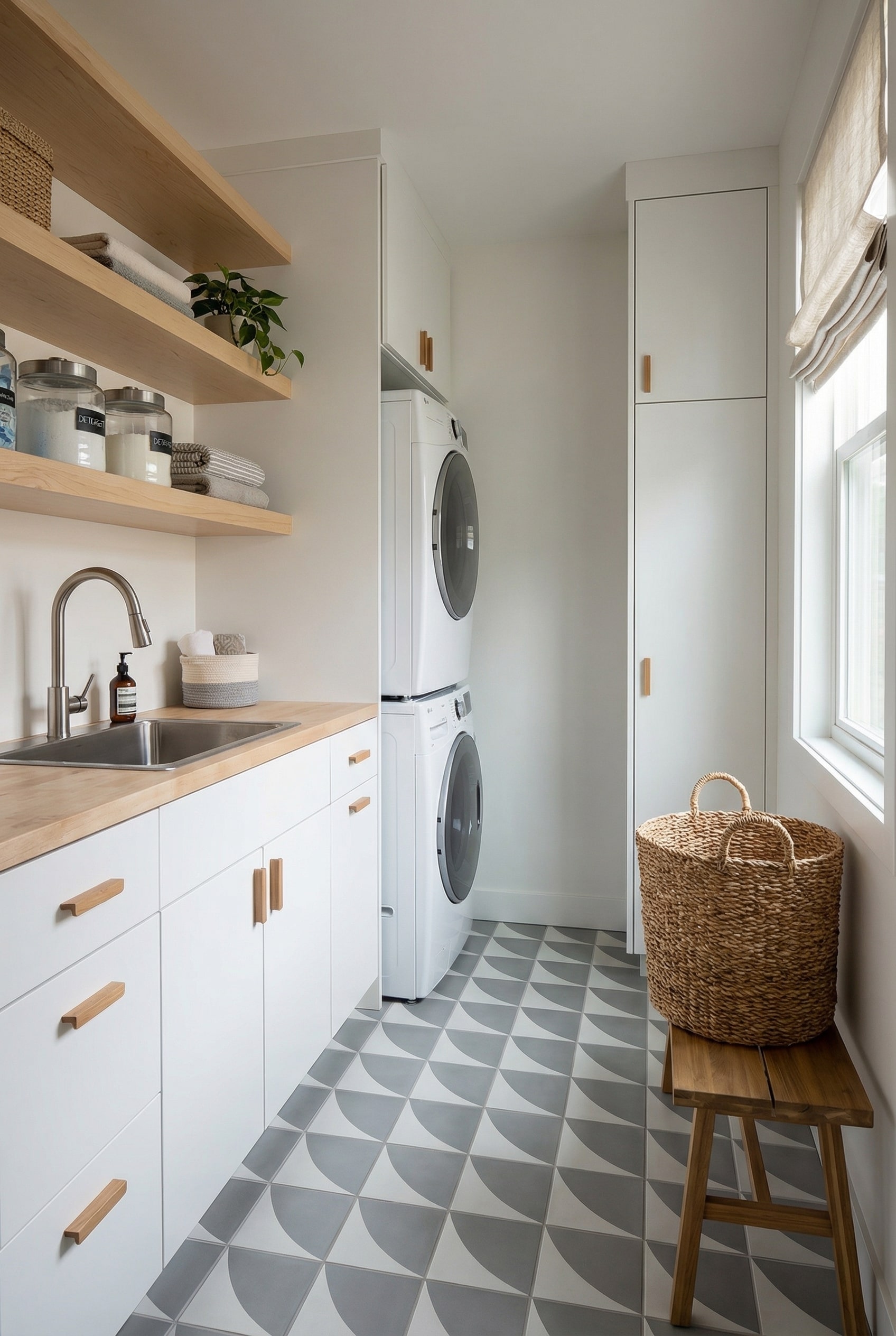 Embrace Geometric Floor Tiles for Chic Laundry Room Design