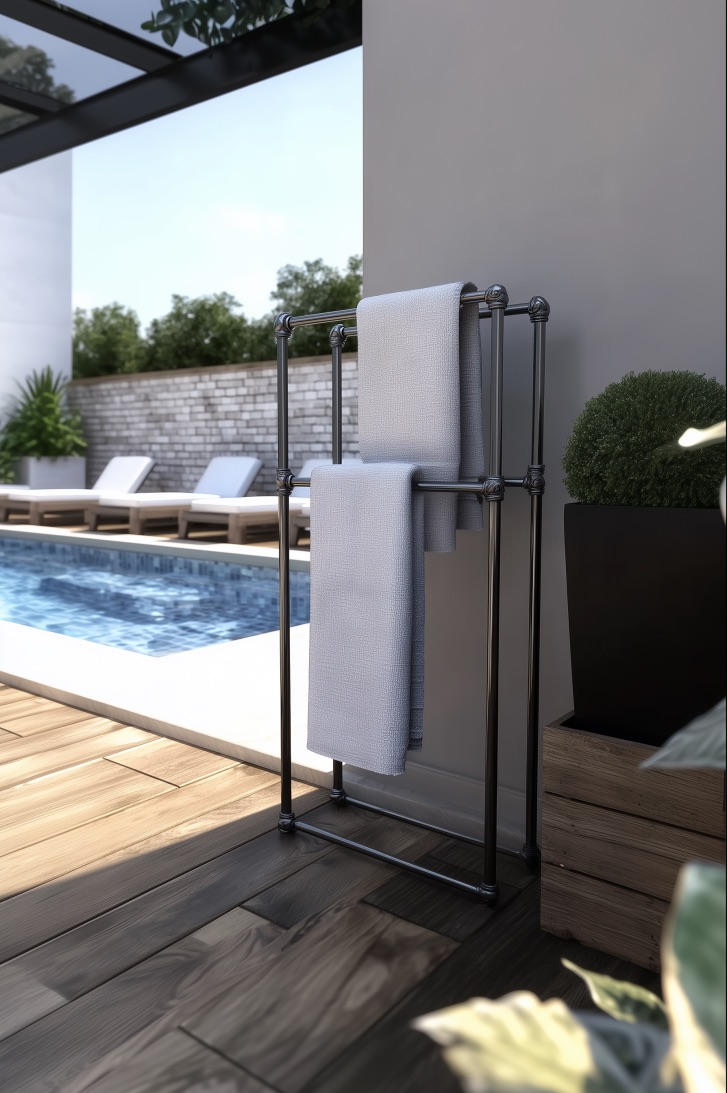 Embrace Sleek Metal Frames for Modern Outdoor Pool Towel Rack Ideas