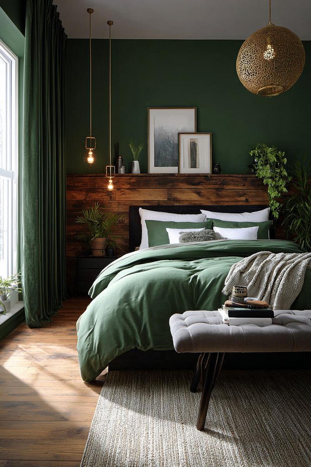 Enhance Bedroom Warmth with Rustic Green Brown Wood Paneling