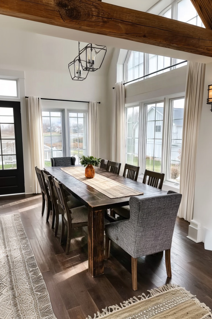 Feature a Long Wooden Table to Anchor Your Farmhouse Dining Room