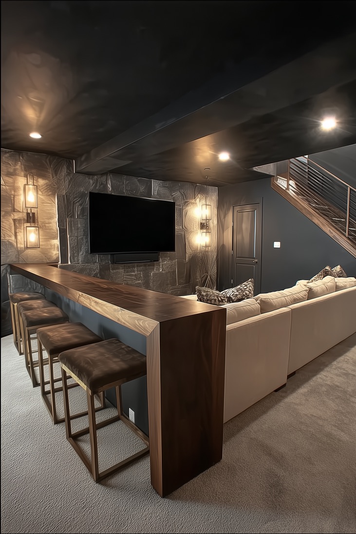 feature a sleek wood bar for a stylish basement man cave